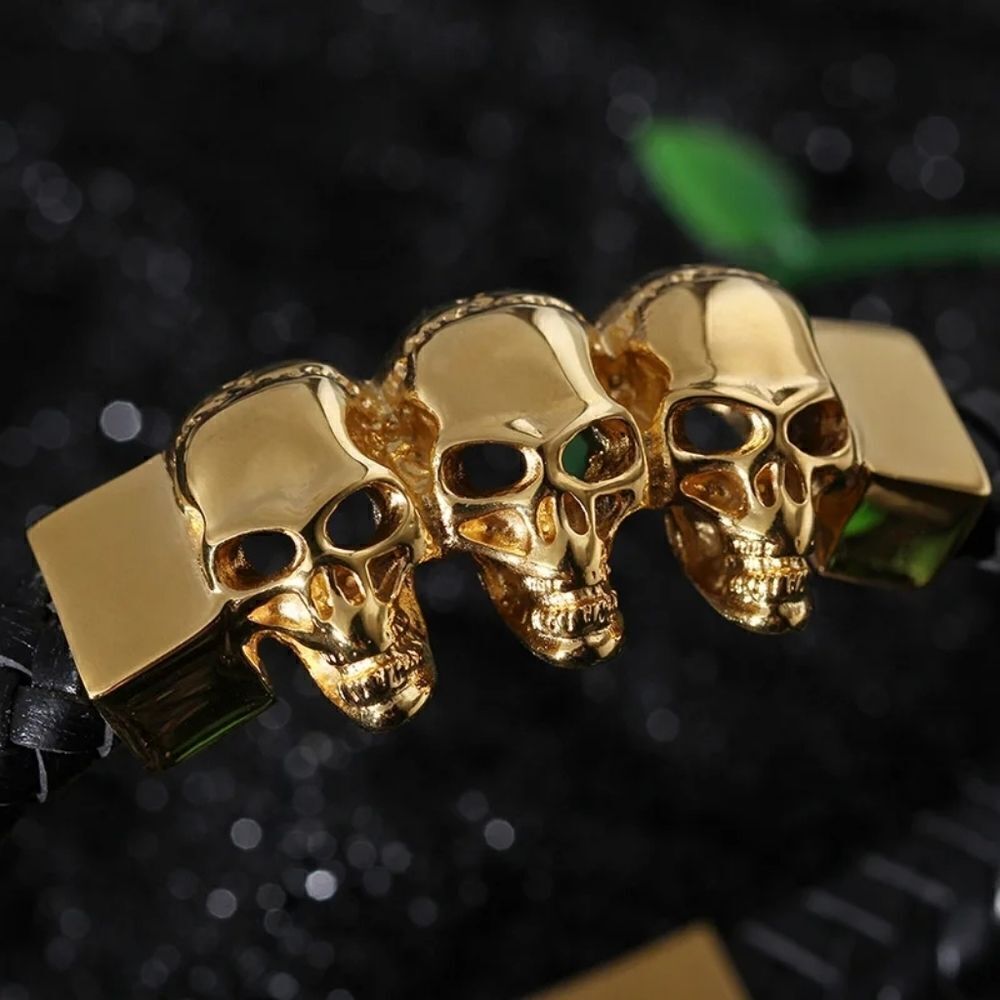 Triple Skull Leather Bracelet